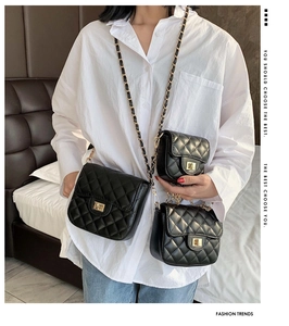 Detailed comparison of three sizes of black quilted leather bags with gold chain straps