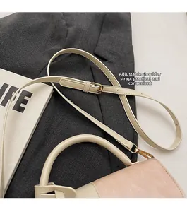 Detail of adjustable shoulder strap and gold hardware on two-tone crossbody bag