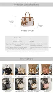 Detailed size specifications for the mini PU bucket bag showing dimensions and colors