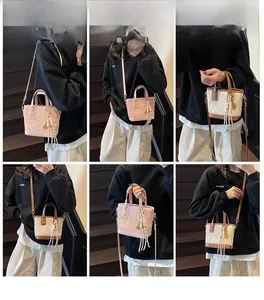 Collage di mini borsa a secchiello che mostra stili a mano e a tracolla su modella