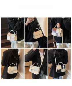 Collage of model showing multi-color crossbody handbags from various angles and styles
