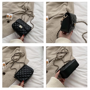 Detailed views of black quilted rhombic chain bag with metal twist lock and leather strap