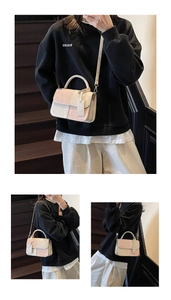 Three-way split view of pink and beige patchwork crossbody bag shown on a model