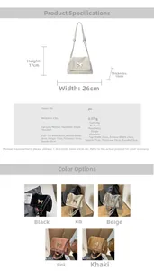 Detailed size chart and multi-color options for textured PU leather tote bag with chain