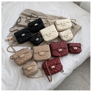 Detailed view of quilted chain bags in black, beige, and red showing various sizes