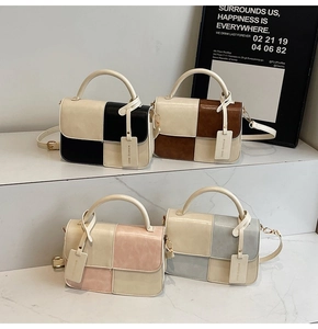 Detailed grid view of two-tone square handbags in multiple colors with top handles
