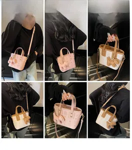 Lifestyle shots showing pink and white mini tote bags with adjustable crossbody straps