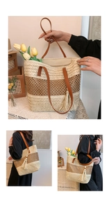 Detail of color-block straw tote bag with brown leather straps and fringe tassel