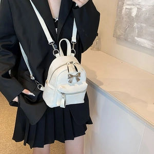 Mini sac à dos blanc en cuir PU avec nœud argenté et bretelles amovibles pour femme