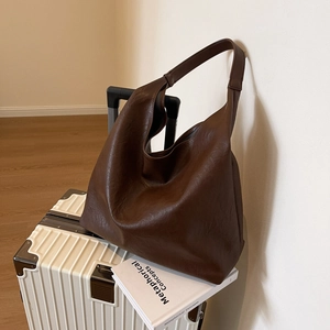 Retro dark brown hobo shoulder bag with leather texture for women's daily commute