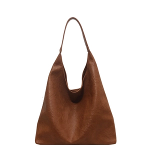 Caramel brown large hobo shoulder bag in soft PU leather with vintage pleat texture