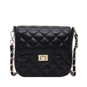 Classic black quilted crossbody bag with golden chain strap and twist lock on white background
