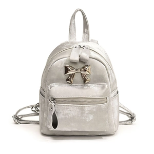 Mini silver velvet backpack for women with metallic finish and gold bow decoration