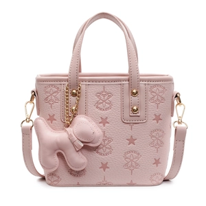 Pink lychee leather bucket bag with star embossing and a cute puppy charm