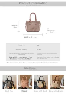 Detailed dimension chart for contrast panel bucket bag with measurements and color variants