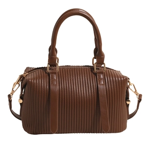 Vintage pleated dark brown boston bag with top handles and adjustable shoulder strap