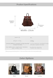 Detailed size specifications and color options for the vintage PU leather backpack