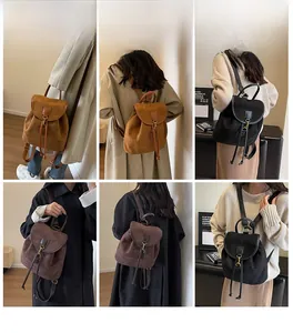 Detailed views of vintage drawstring backpack in dark brown, black and coffee faux suede
