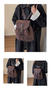 Detail shots of a vintage brown suede backpack featuring leather trim and flap closure