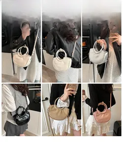 Vue détaillée de six couleurs de sacs demi-lune minimalistes en cuir PU en usage réel
