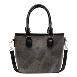 Retro grey washed bucket bag with black leather straps and gold metal hardware