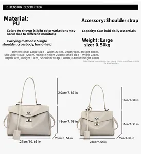 Detailed size chart showing dimensions and weight for large and small PU leather handbags