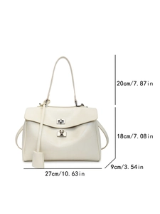 Detailed size guide of minimalist shoulder bag with dimensions 27x18x9cm and strap height
