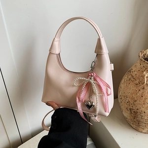 Sac Hobo Femme Cuir PU Demi Lune Main Doux Noeud Ruban Carreaux Künstliche Perle Coeur Pendentif Sac Bandoulière Tendance