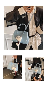 Light blue faux leather handbag shown in various carry styles with a cute cloud charm