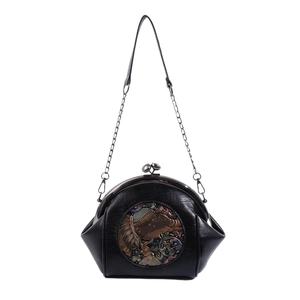 Vintage black leather shell bag with chain strap and elephant relief ornament
