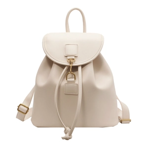 Minimalist creamy white leather backpack for women featuring drawstring and metal buckle