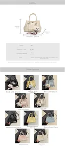 Detailed spec sheet and size guide for minimalist bucket bag with cloud pendant charms