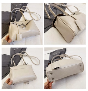 Detailed four-view layout of beige leather handbag showing metal clasp and bottom feet
