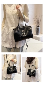 Detail of black leather crossbody bag featuring a glossy finish and silver metal buckle lock
