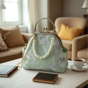 Vintage Evening Handbag Floral Jacquard Metal Kiss Lock Frame Artificial Pearl Handle Crossbody Shoulder Bag For Women Cheongsam