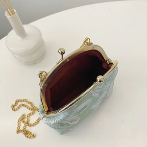 Vintage green floral brocade kiss-lock bag with gold chain strap for women