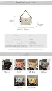 Detail view of quilted chain bucket bag with size specs and multi-color options