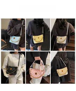 Collage of quilted chain crossbody bags in light blue, yellow, silver, black, pink, and beige