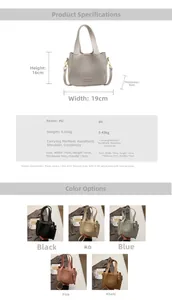 Detailed size chart for minimalist PU leather bucket bag with dimensions and multi-color options