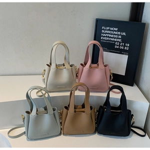 Detailed arrangement of five bucket bags in various colors with elegant litchi grain leather