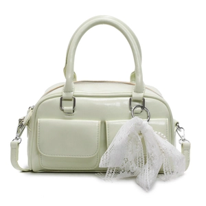 Fashion Women PU Leather Boston Pillow Bag With Lace Bow Pearl Charm Sweet Crossbody Shoulder Handbag Small Commuter Purse