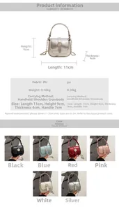 Detailed size chart and multi-color selection for this mini PU crossbody bag