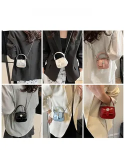 Detailed grid showing mini leather square bags with metal chains in six vibrant colors