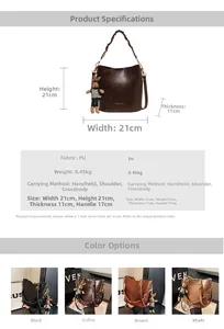 Size chart for vintage PU leather bucket bag showing dimensions 21x21x11cm and colors