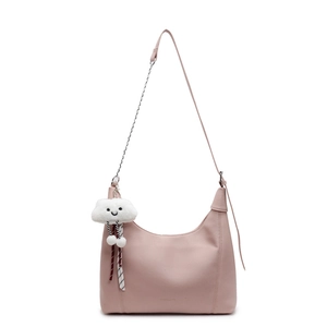 Pink lychee grain leather crescent hobo bag with adjustable chain strap and cloud charm