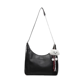 Chic black litchi pattern leather hobo tote bag with silver chain strap and cloud charm