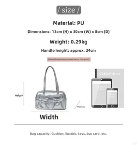 Detailed size specifications for silver metallic tote bag with bow accent and measurements