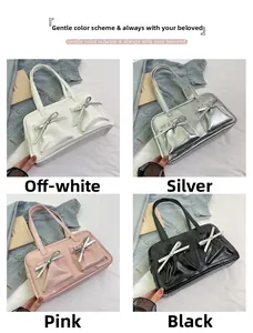 Detailed comparison of four-color bow-knot boston bags in cream, silver, pink and black