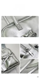 Detail of silver metallic handbag with pleated bow pocket and high-quality zipper closure