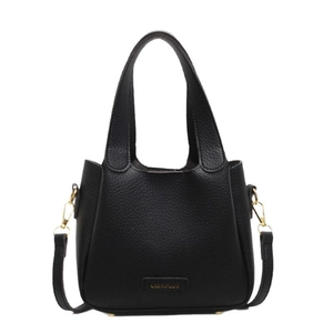 Chic black lychee grain leather bucket bag with gold hardware and top handles